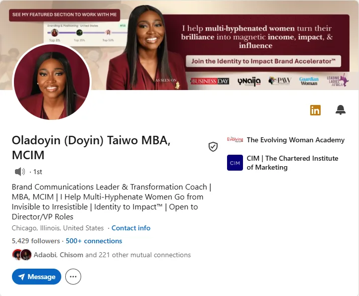LinkedIn banner design for Oladoyin Taiwo, brand communications leader and transformation coach